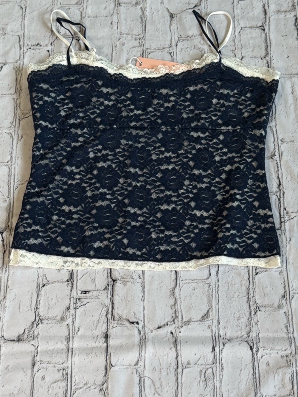 Lace Cami Tank Top - Navy with Cream Trim